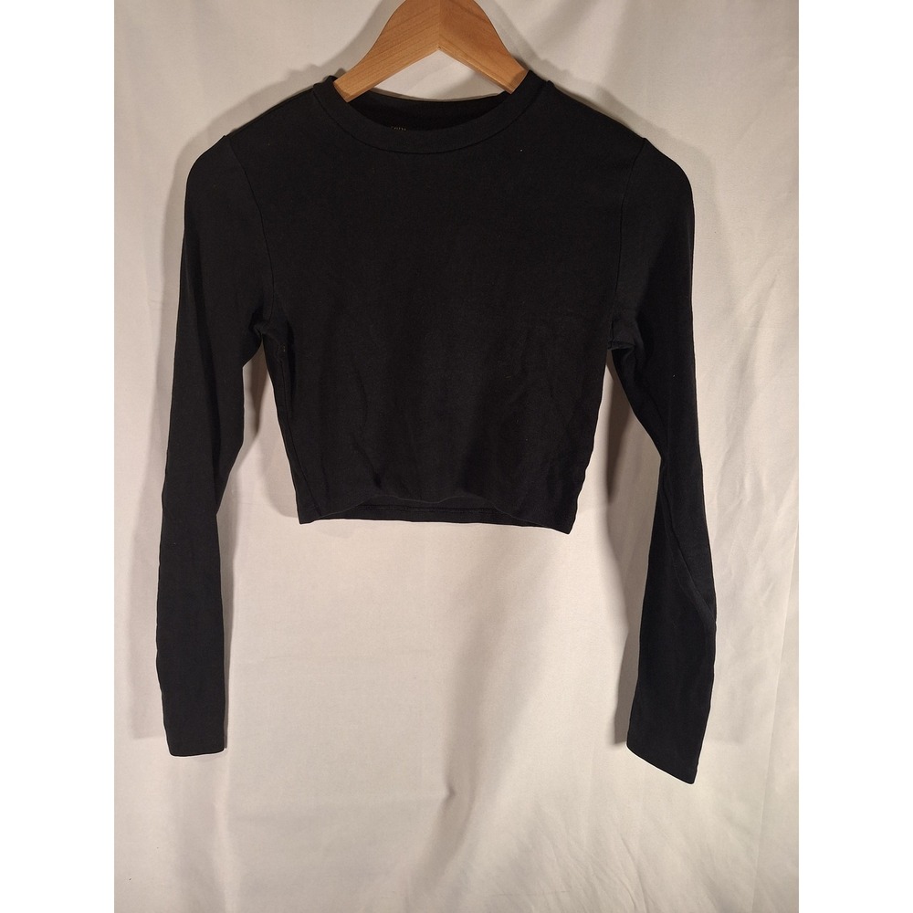 Zara Womens Black Long Sleeve Crop Top Crew Neck Slim Fit Size Large L